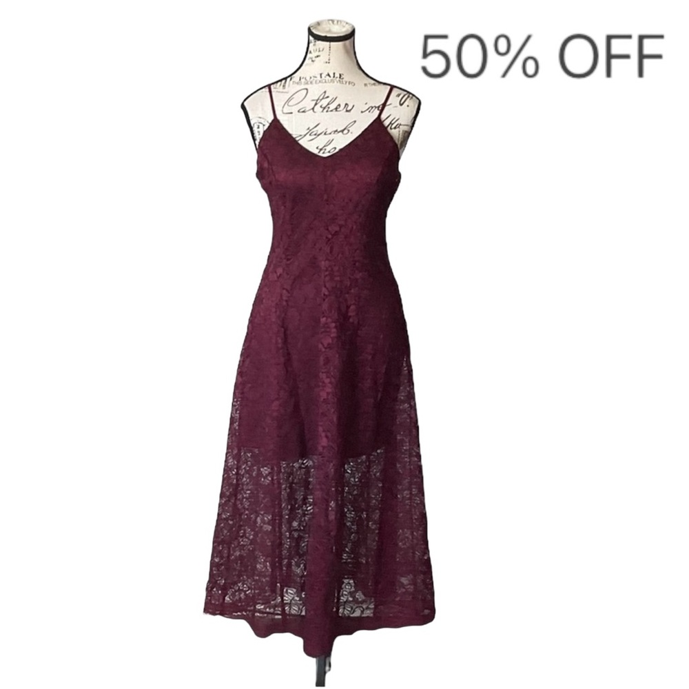 Women's Burgundy Lace Slip Midi Dress